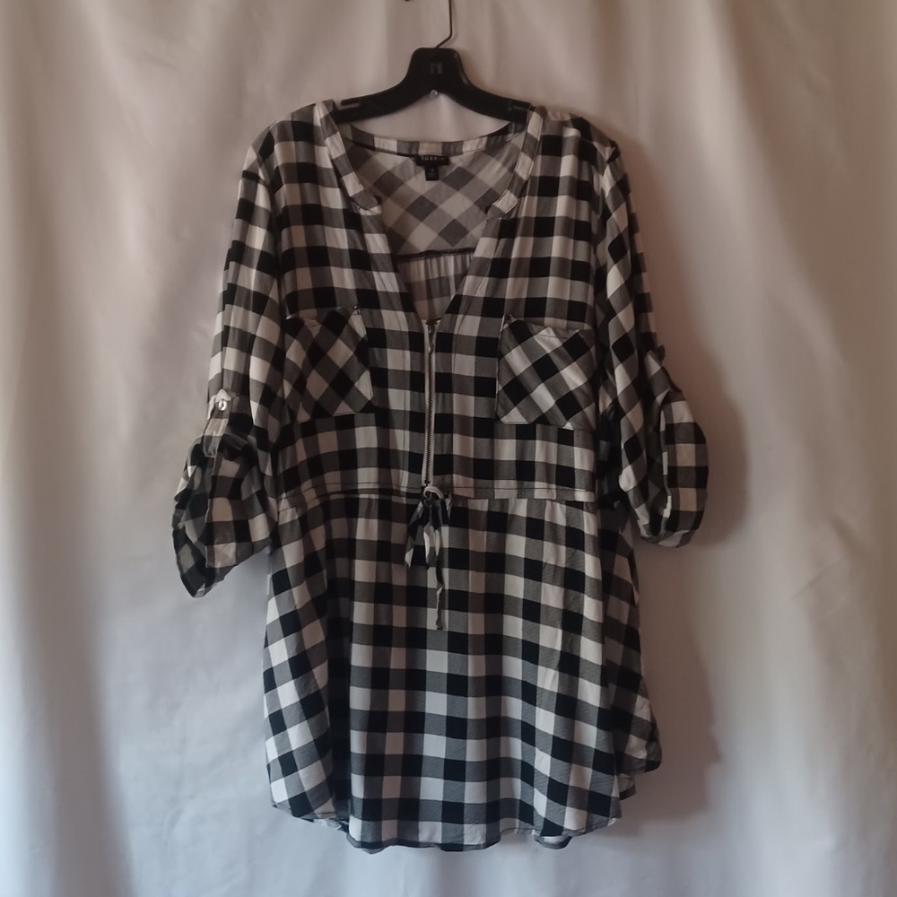 Torrid Emma Babydoll Challis Tunic Black White Buffalo Plaid 1/2 Zip 3/4 Slv 3X